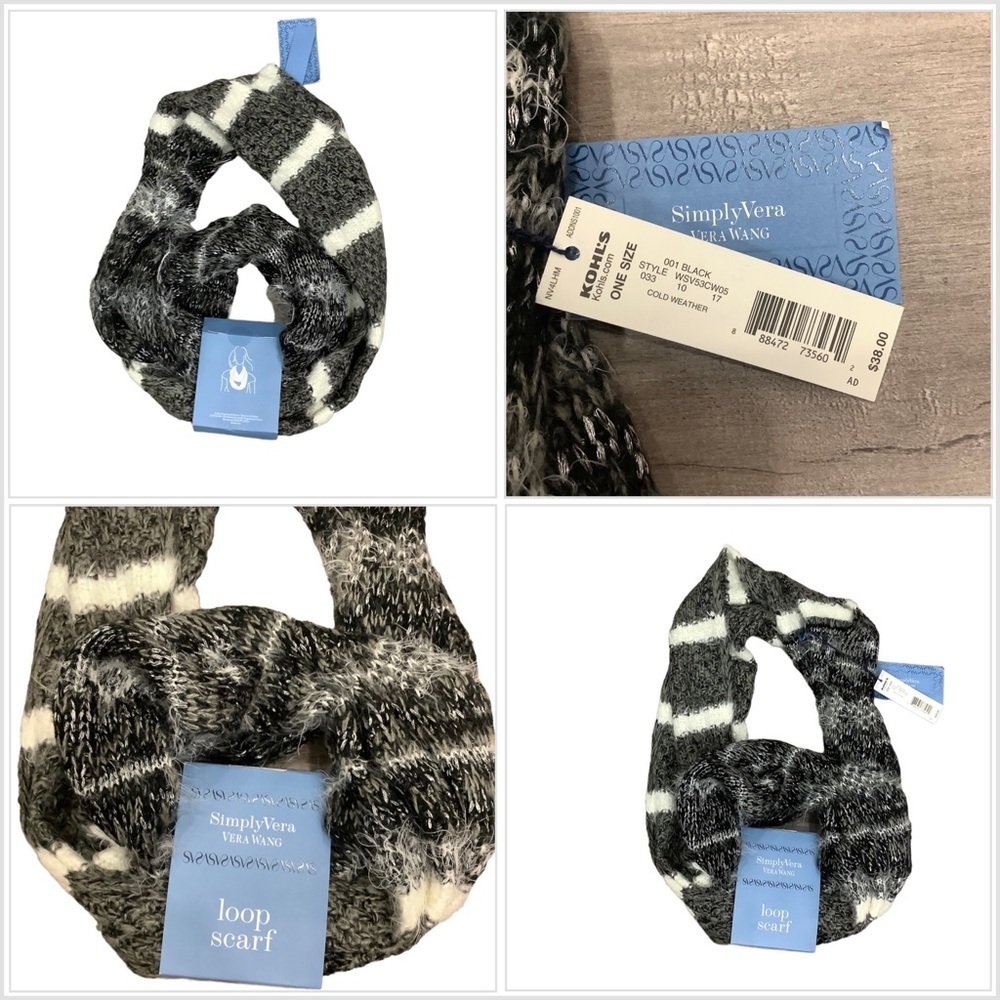 Women’s Simply Vera Wang Loop Infinity Scarf Sweater Cozy Soft Black White NWT